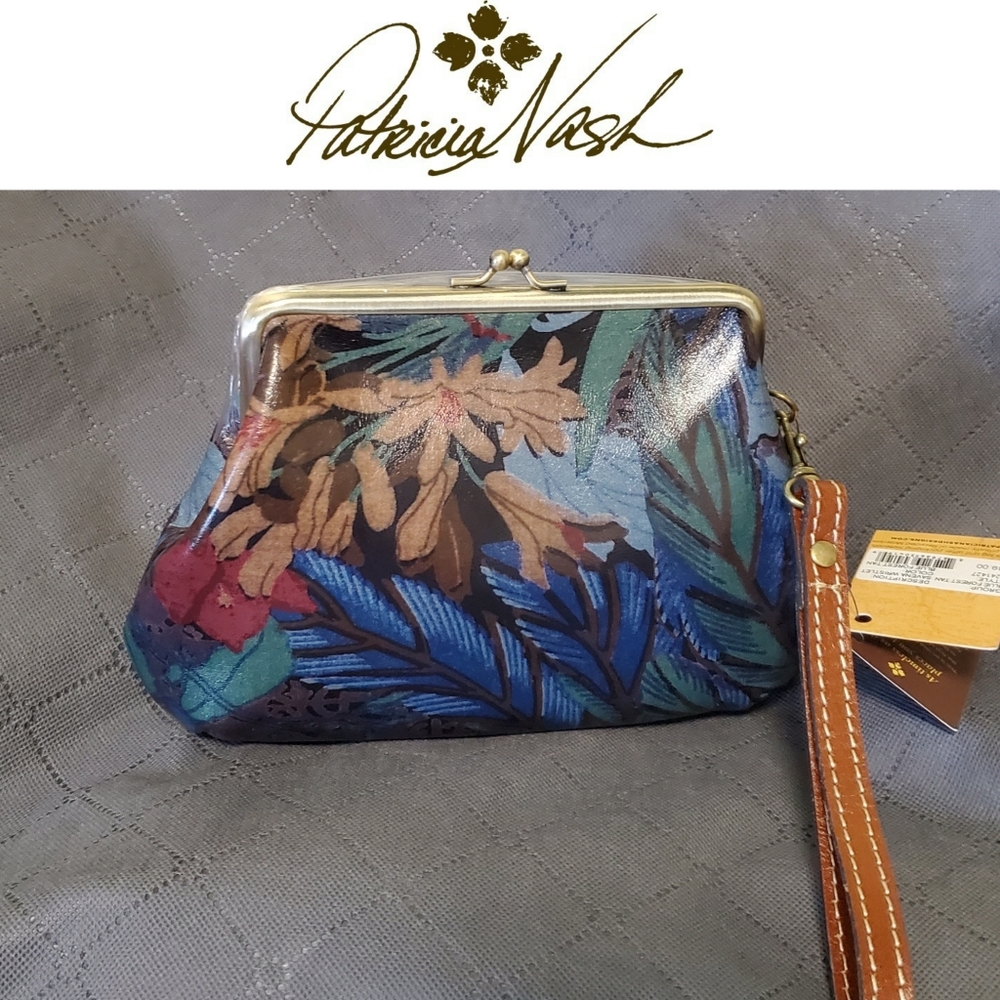 🆕️ Patricia Nash SLG Savena Wristlet in Blue Forest Tan